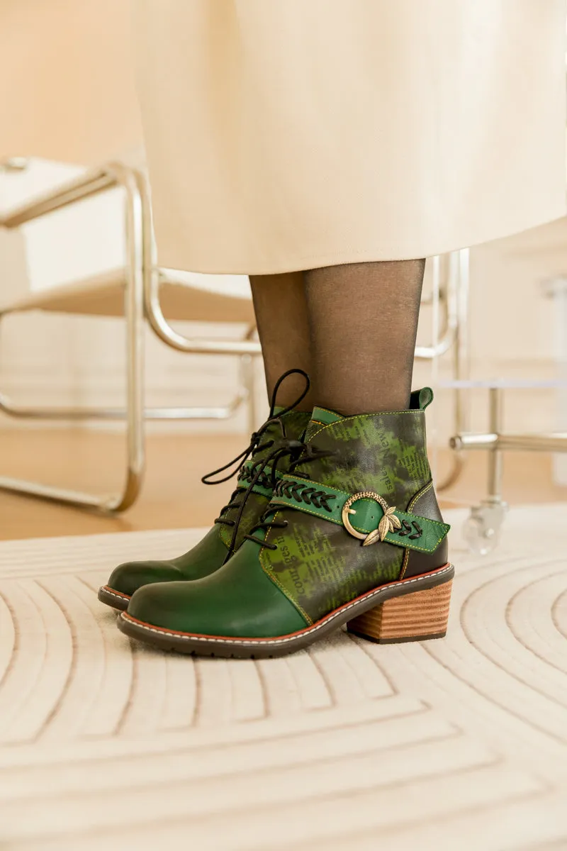 Vintage Dark Green Leather Ankle Boot