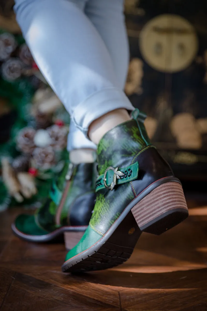 Vintage Dark Green Leather Ankle Boot
