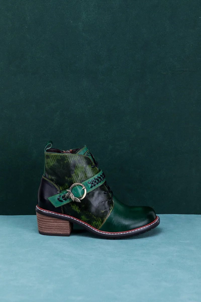 Vintage Dark Green Leather Ankle Boot