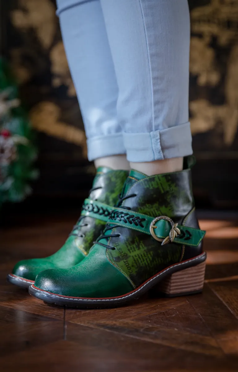 Vintage Dark Green Leather Ankle Boot
