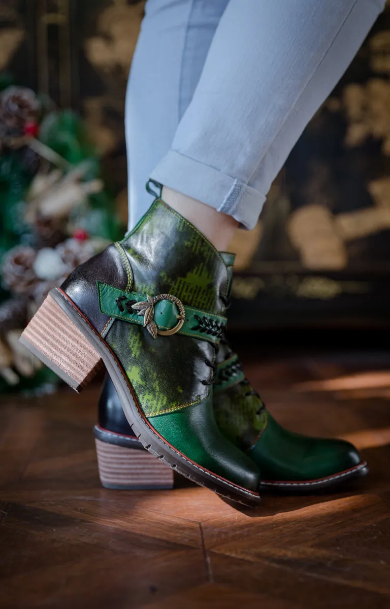 Vintage Dark Green Leather Ankle Boot