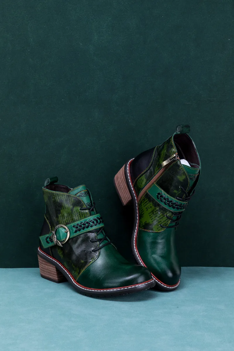 Vintage Dark Green Leather Ankle Boot