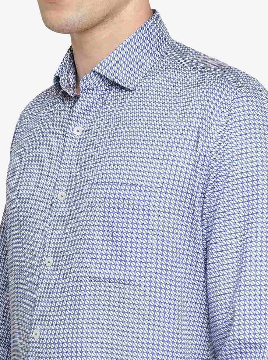 White & Blue Printed Regular Fit Formal Shirt | JadeBlue