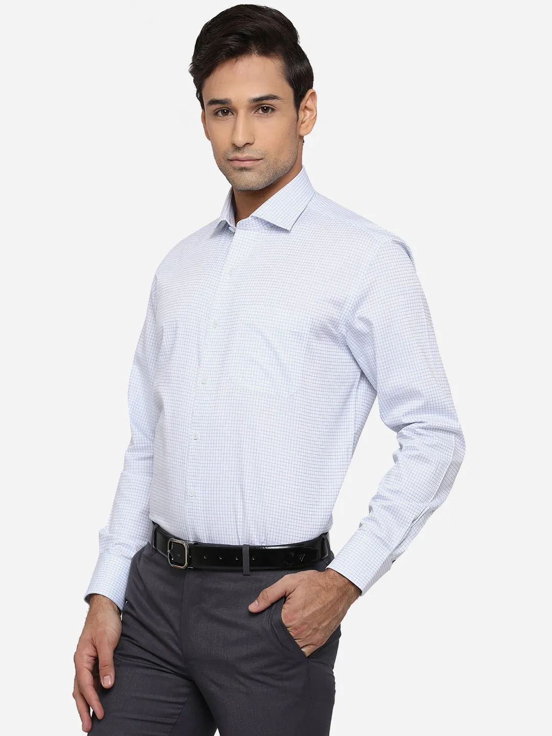 White & Sky Blue Checked Regular Fit Formal Shirt | JadeBlue