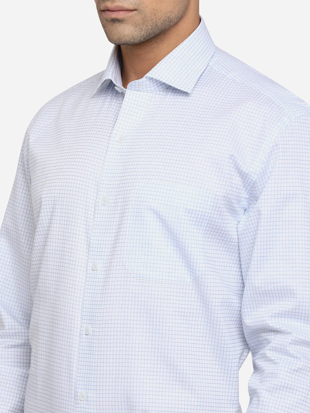 White & Sky Blue Checked Regular Fit Formal Shirt | JadeBlue