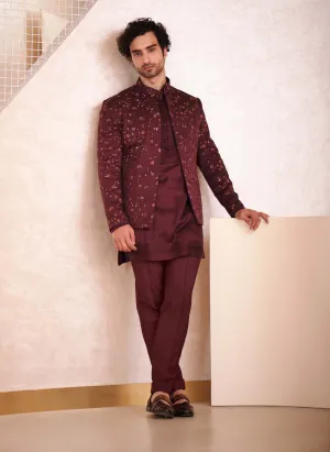 Wine Short Jacket With Kurta And Trouser