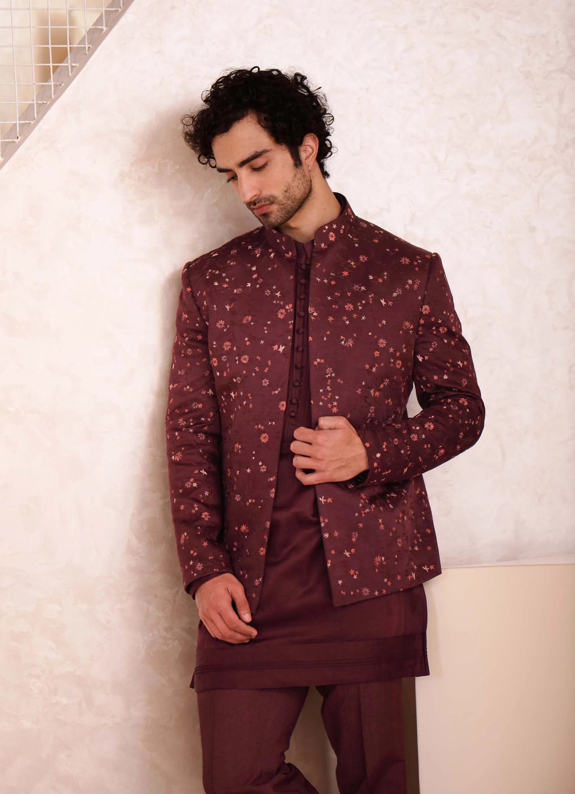 Wine Short Jacket With Kurta And Trouser