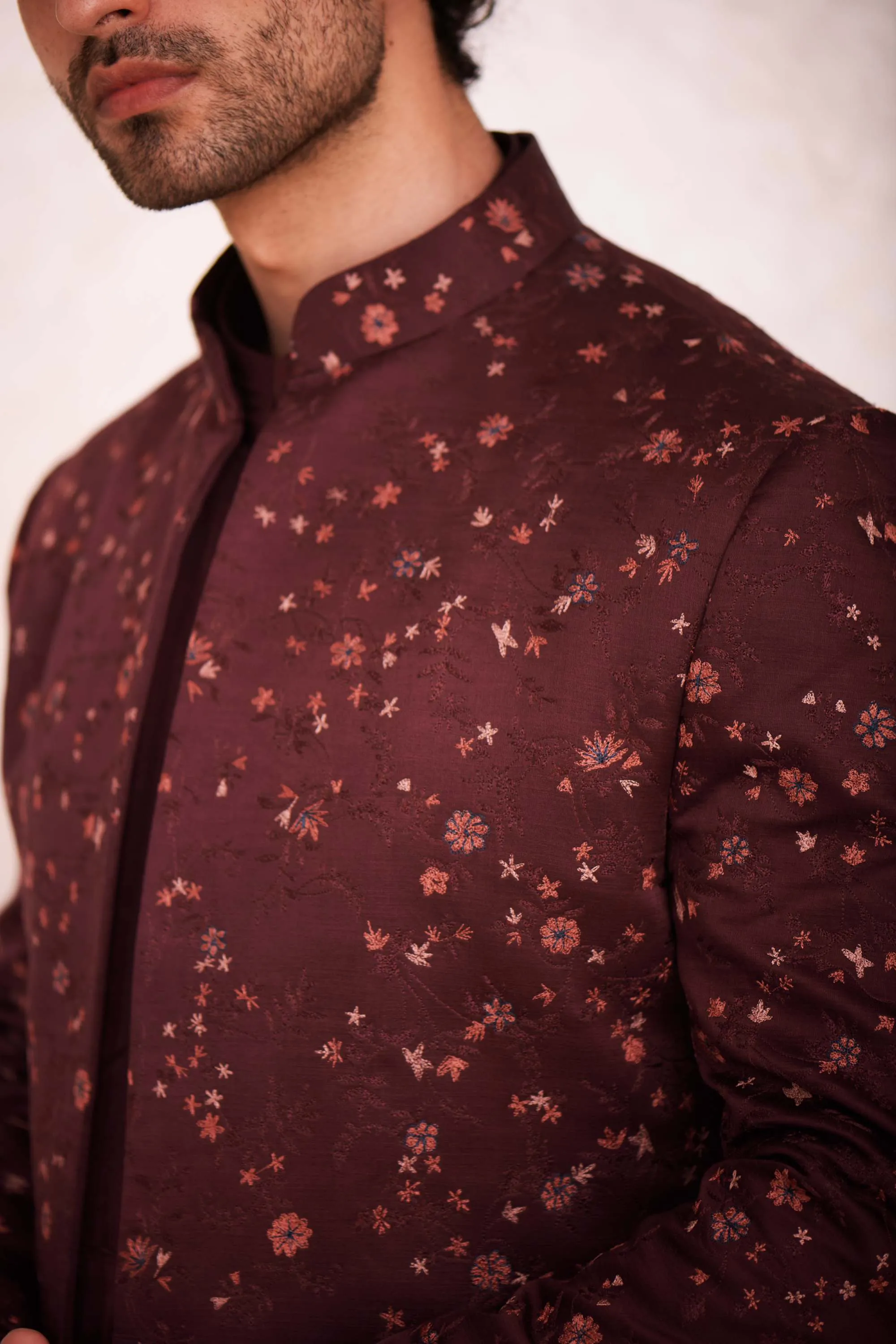 Wine Short Jacket With Kurta And Trouser