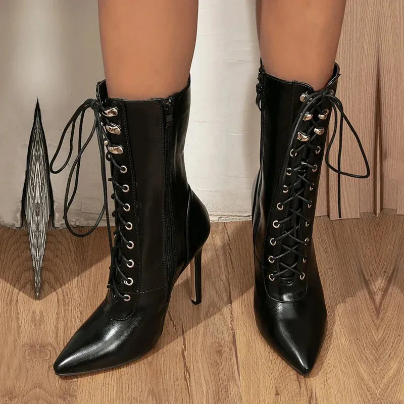 Women Ankle Boots Sexy Pointed Toe Pole Dance High Heels Pumps Fashion Zip Lace-Up Chelsea Shoes